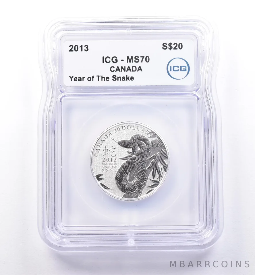 2013 Canada 20 Dollars Silver Year Of The Snake MS70 ICG *8648