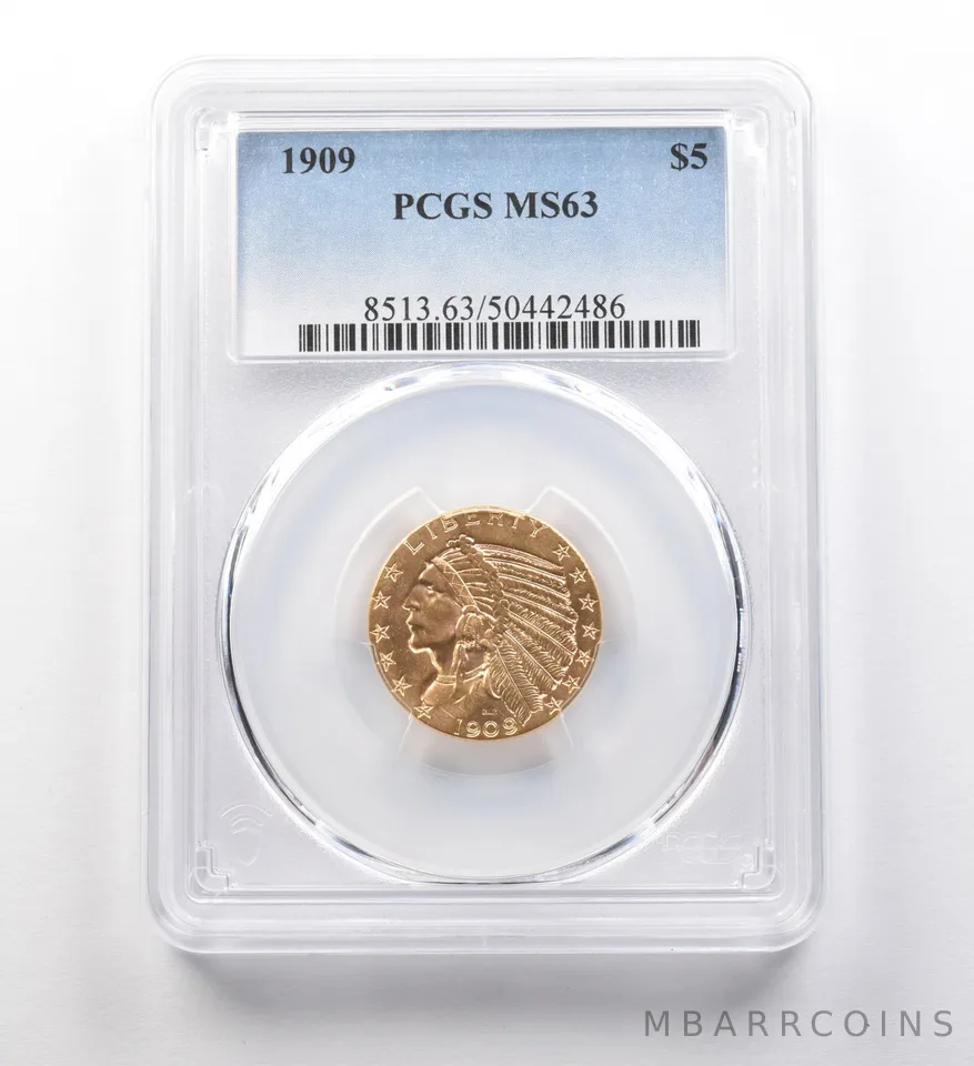 1909 $5 Indian Head Gold Half Eagle MS63 PCGS *8140