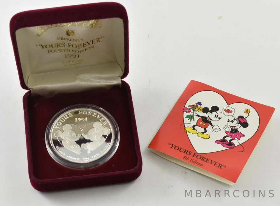 1 Oz Silver Round Mickey & Minnie Yours Forever Valentine's w/COA + Holder