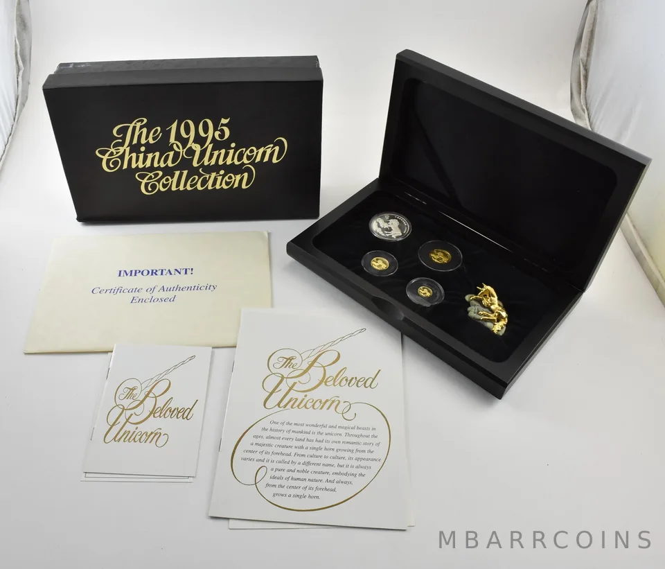 1995 China Proof Gold & Silver Unicorn 4 Coins Set Original Box & COA *8899