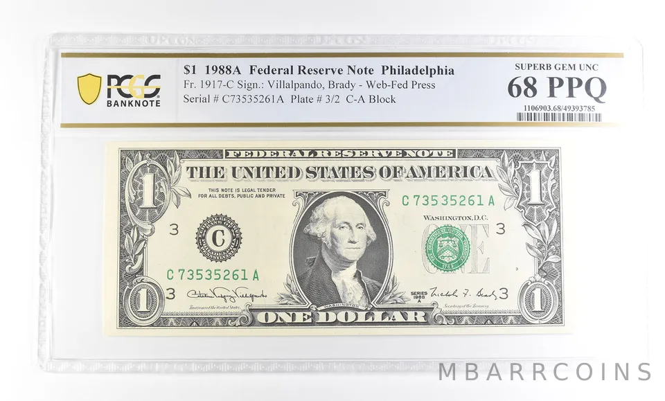 1988 A $1 Philadelphia PA FRN Fr#1917-C Superb Gem Unc 68 PPQ PCGS a2907