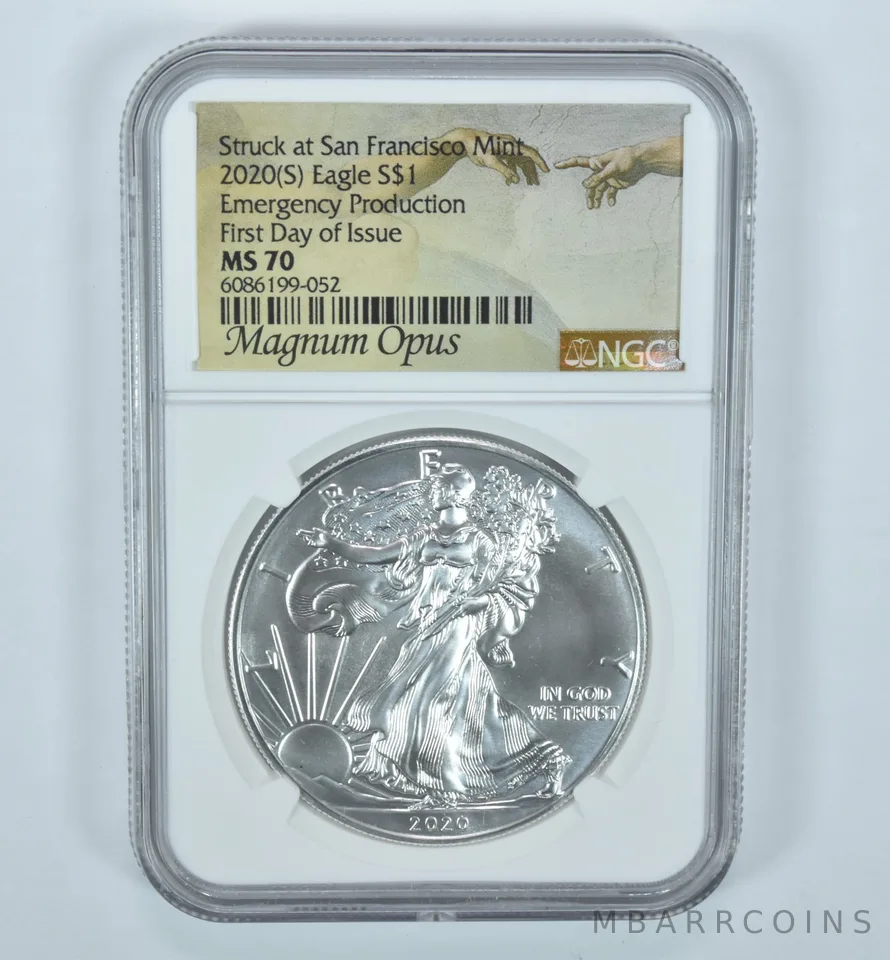 2020-(S) American Silver Eagle Struck San Francisco EP FDOI MS70 NGC Magnum Opus