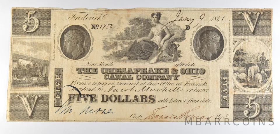 1841 $5 Frederick MD Chesapeake & Ohio Canal Company Obsolete Note *8510