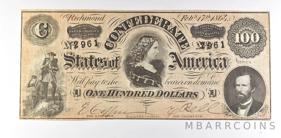 1864 $100 Confederate States Of America T-65 Large Note *8592