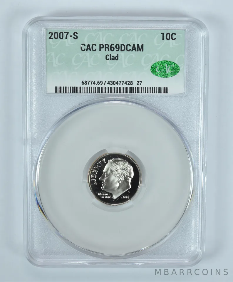 2007-S Roosevelt Dime CLAD PR69 DCAM CAC CACg