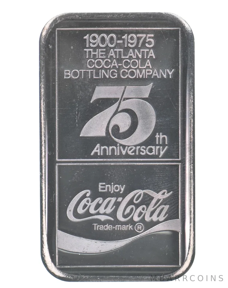 1975 1 Oz Silver Bar Coca-Cola 75th Anniversary Atlanta WWM Beautiful Tone *4284