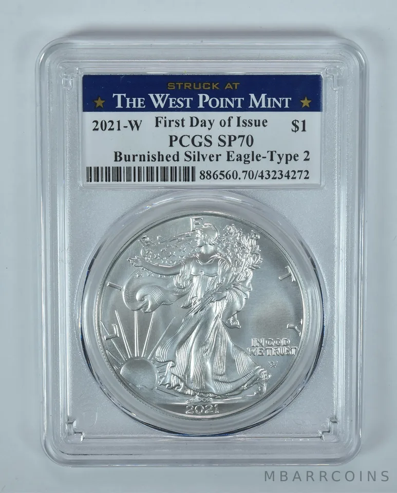2021-W Burnished Silver Eagle Type 2 FDOI SP70 PCGS WP Label