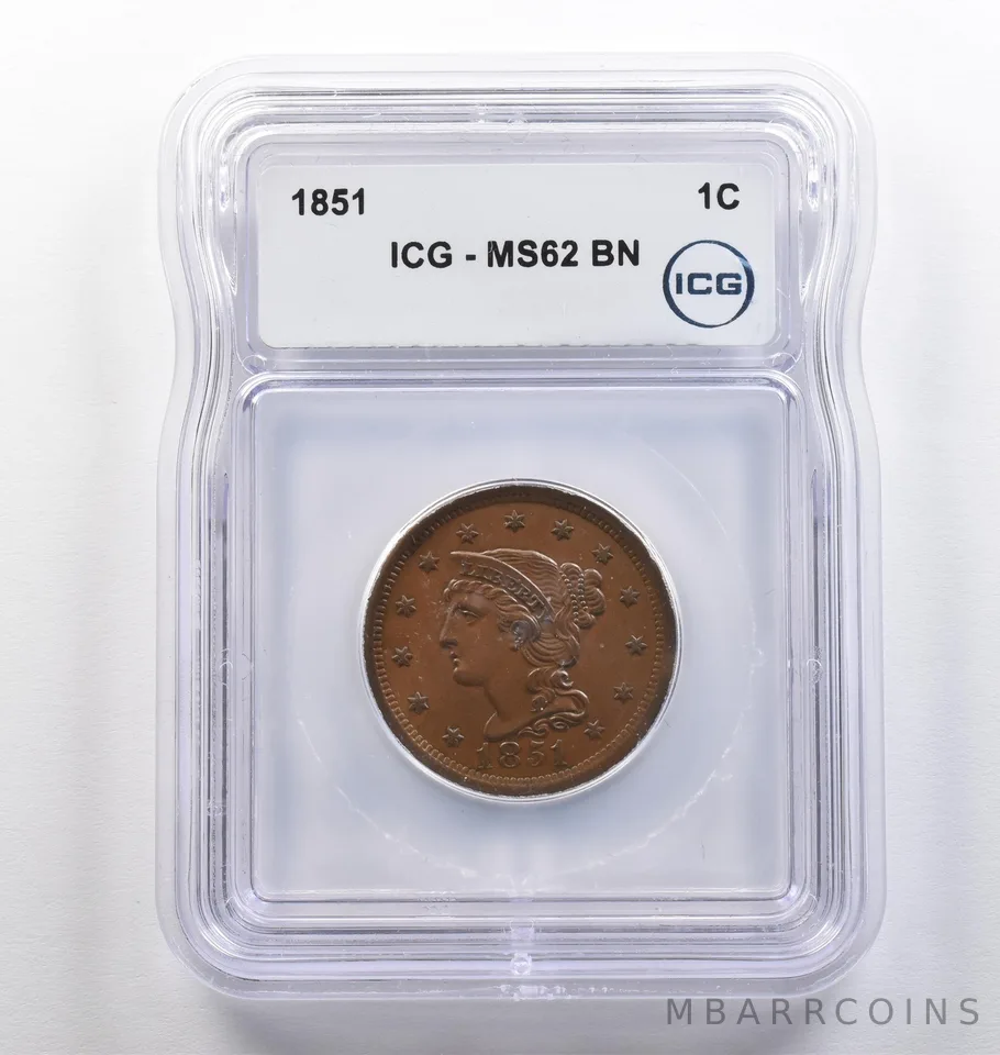 1851 Braided Hair Large Cent MS62 BN ICG *4088