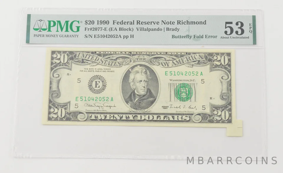 About UNC 53EPQ 1990 $20 FRN Richmond Butterfly Fold Error PMG *6606