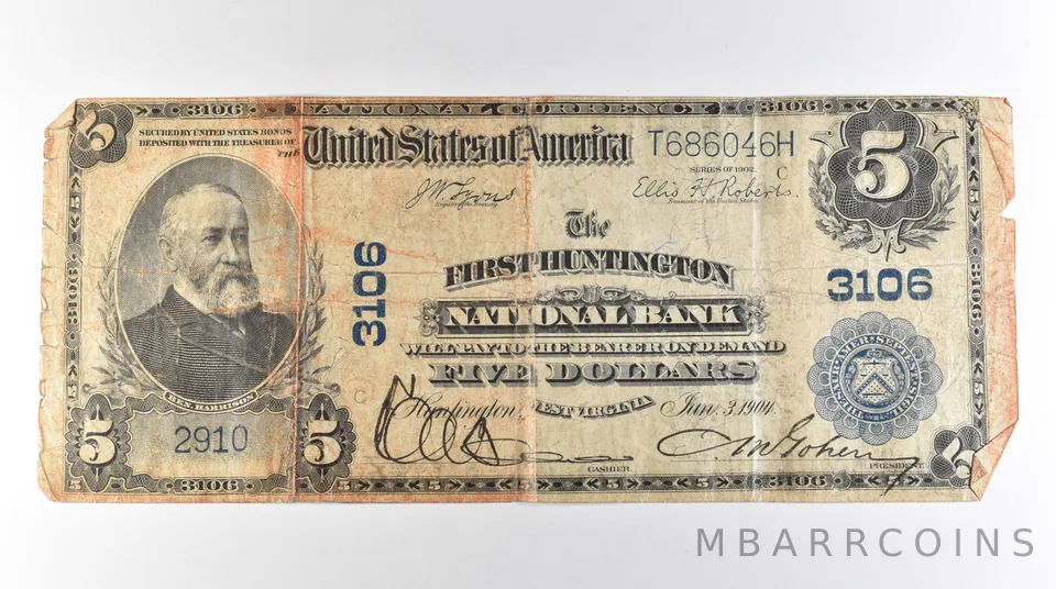 1902 $5 Huntington WV National Currency Large Note Blue Seal #3106 *3105