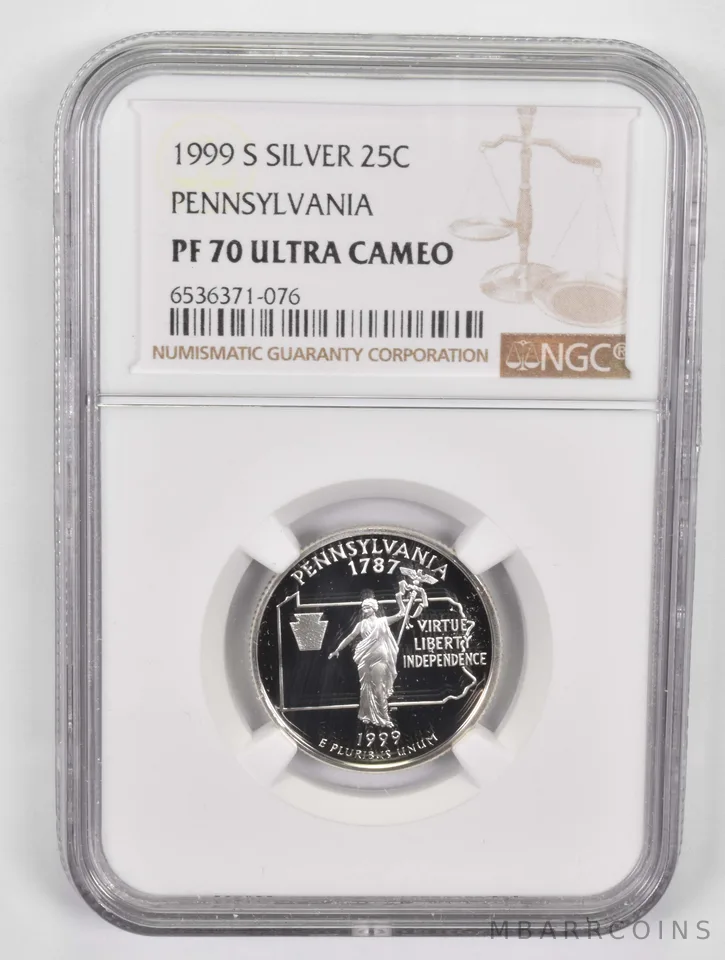 1999-S Pennsylvania Quarter Silver PF70 UCAM NGC Brown Lbl