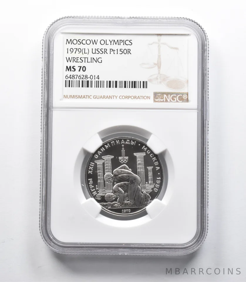 MS70 1979 (L) USSR 150 Rubles Platinum Moscow Olympics Wrestling NGC *9401