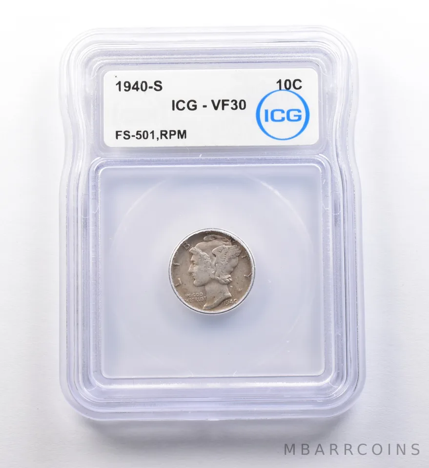 1940-S Mercury Dime FS-501 RPM VF30 ICG a9722