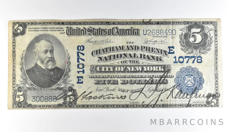 1902 $5 New York NY National Currency Large Note Blue Seal 10778 *1680