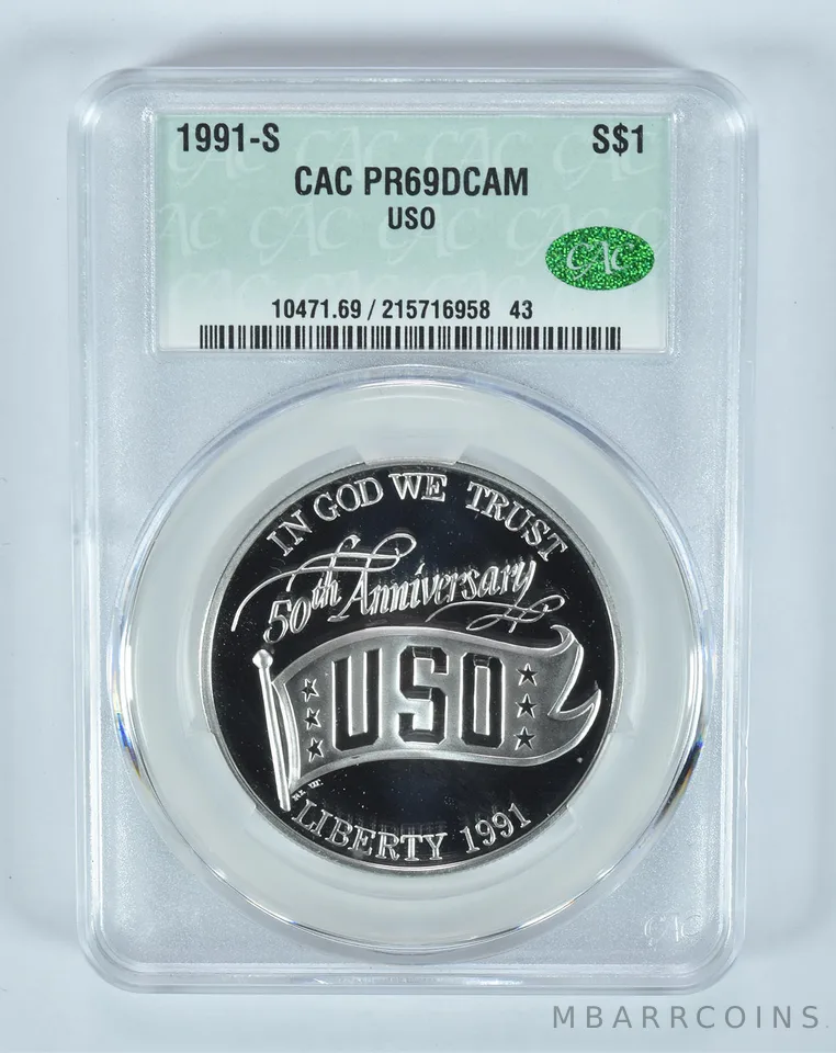 1991-S USO Anniversary Commemorative Silver Dollar PR69 DCAM CAC CACg