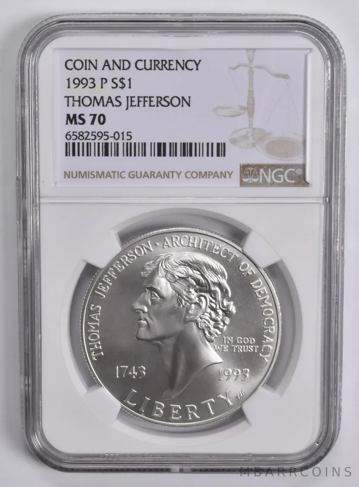 1993-P Jefferson Commem. Silver Dollar Coin & Currency MS70 NGC Brown Lbl