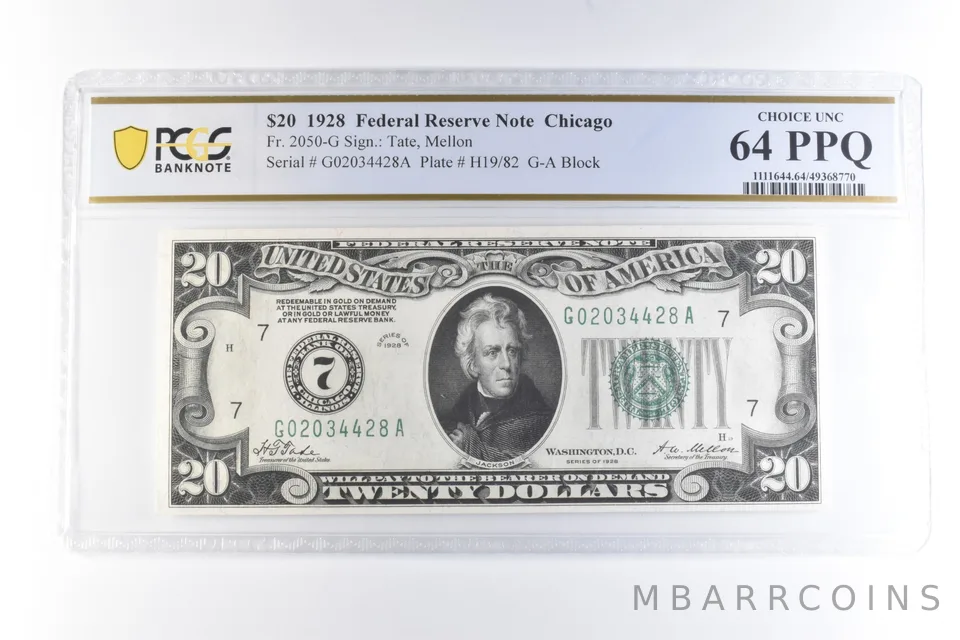 1928 $20 Chicago IL FRN Fr#2050-G Choice Unc 64 PPQ PCGS *6053