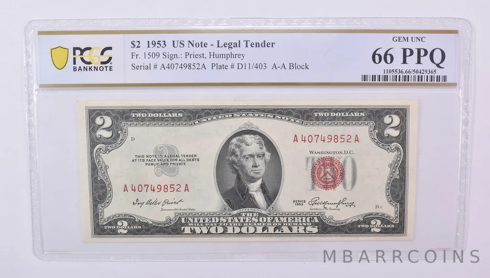 $2 1953 US Legal Tender Fr#1509 Gem Unc 66 PPQ PCGS