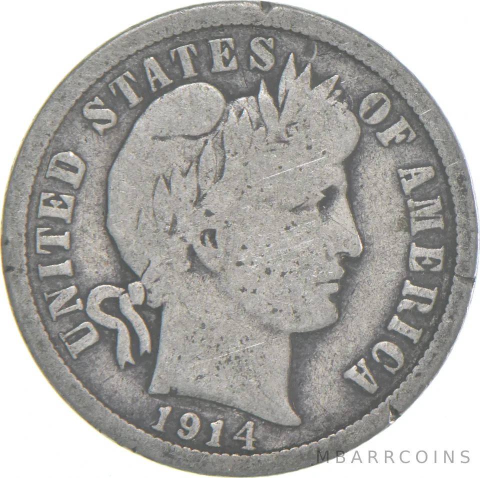 1914-P Barber Dime 90% Silver Average Circ