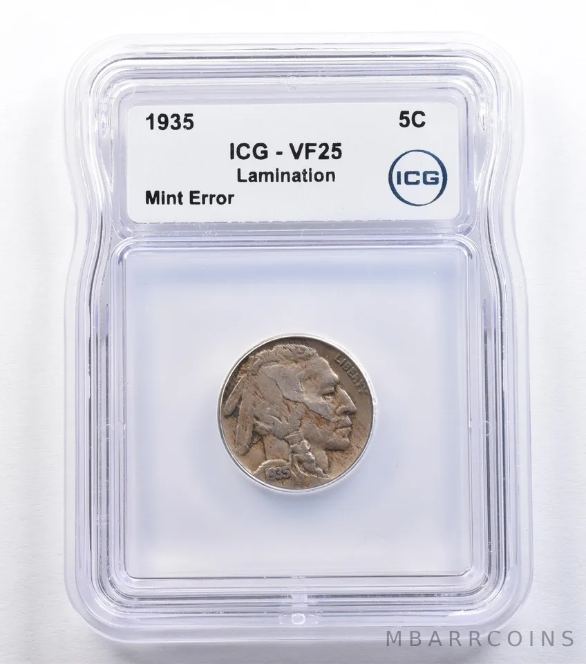 1935 Indian Head Buffalo Nickel Mint Error Lamination VF25 ICG *2220