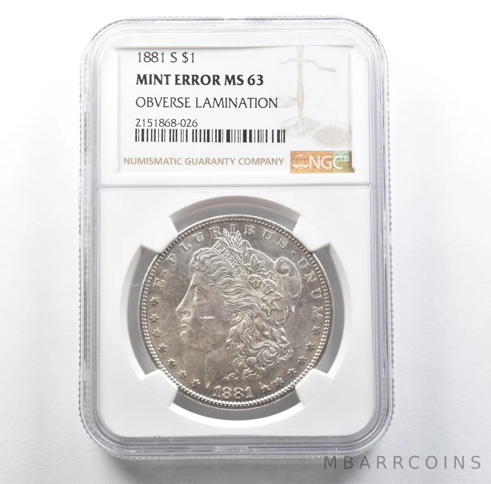1881-S Morgan Silver Dollar Mint Error Obverse Lamination MS63 NGC *3178