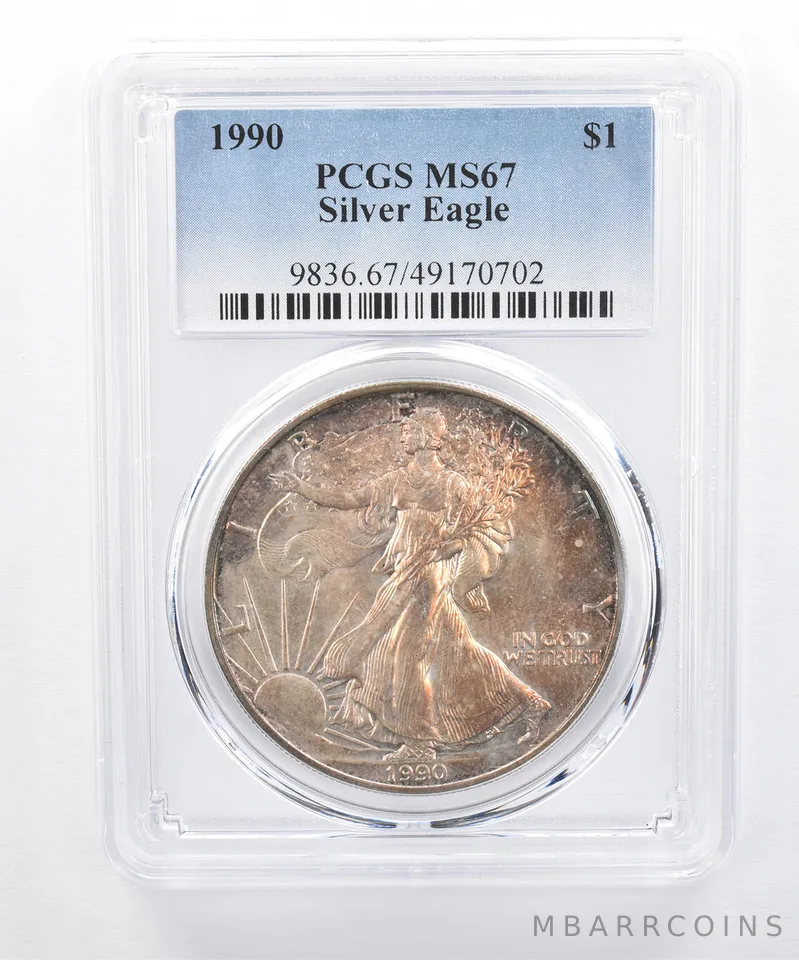 1990 American Silver Eagle MS67 PCGS Orange Tone *8517
