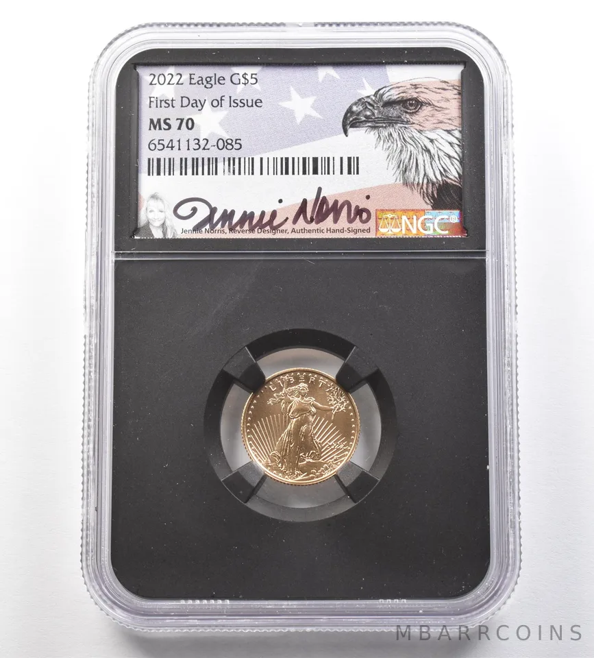 2022 $5 American Gold Eagle Jeannie Norris FDOI 1/10 Oz Gold MS70 NGC *0998