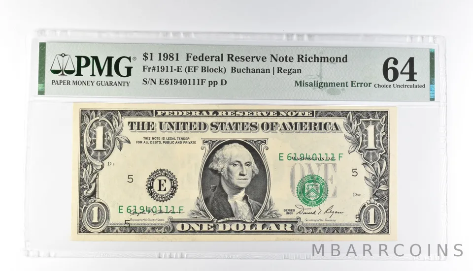 PMG 64 Choice Unc $1 1981 FRN Richmond Fr#1911-E Misalignment Error *3197