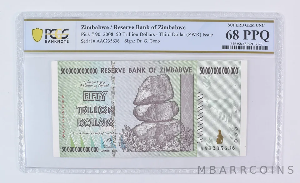 2008 Zimbabwe 50 Trillion Dollars Third Dollar Issue Superb Gem Unc 68 PPQ PCGS