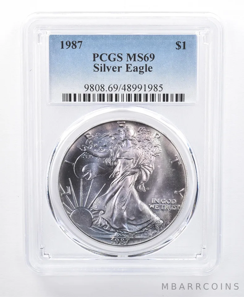 1987 American Silver Eagle MS69 PCGS Blue/Purple Tone *8614