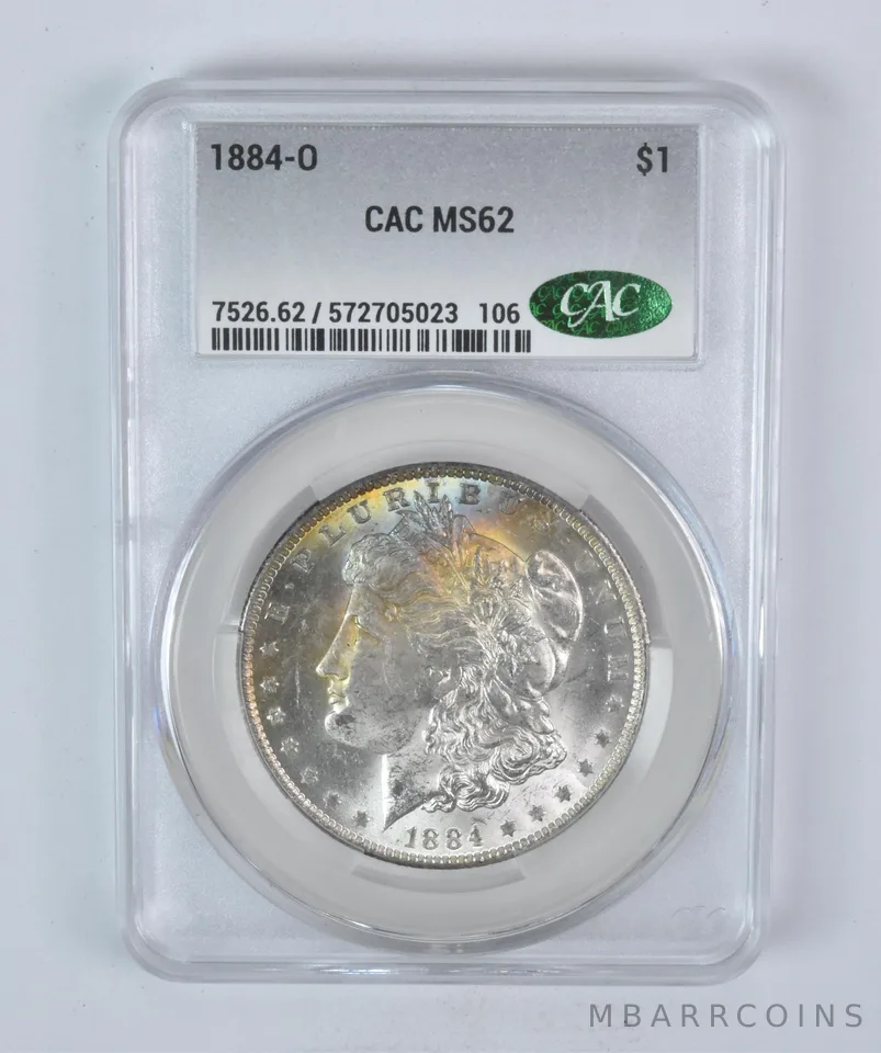 1884-O Morgan Silver Dollar MS62 CAC CACg Peripheral Tone a5906