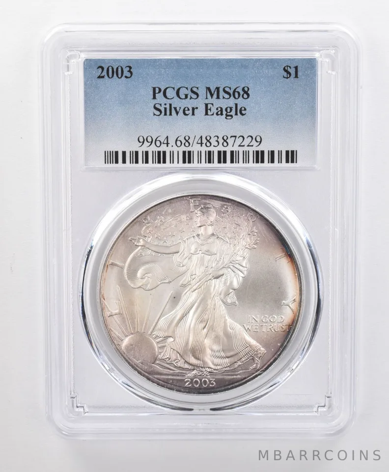 MS68 2003 American Silver Eagle PCGS Beautifully Toned Soft Purple Sheen *0145