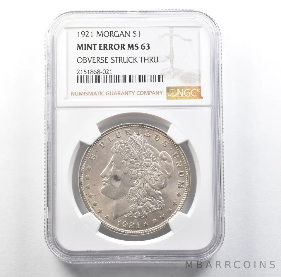 1921 Morgan Silver Dollar Mint Error Obverse Struck Thru MS63 NGC *3179