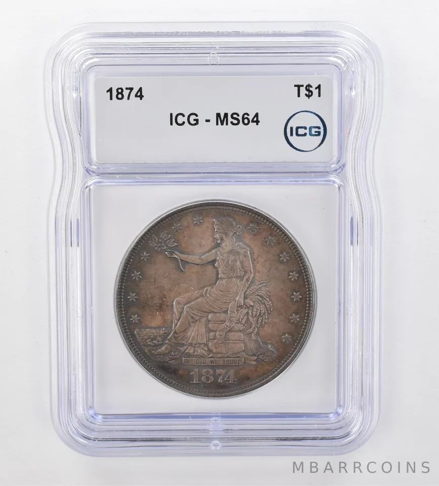 1874 Seated Liberty Trade Dollar MS64 ICG Beautiful Tone *0874