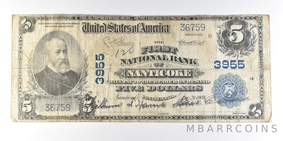 1902 $5 National Currency Nanticoke PA Ch#3955 Large Note Blue Seal *8082