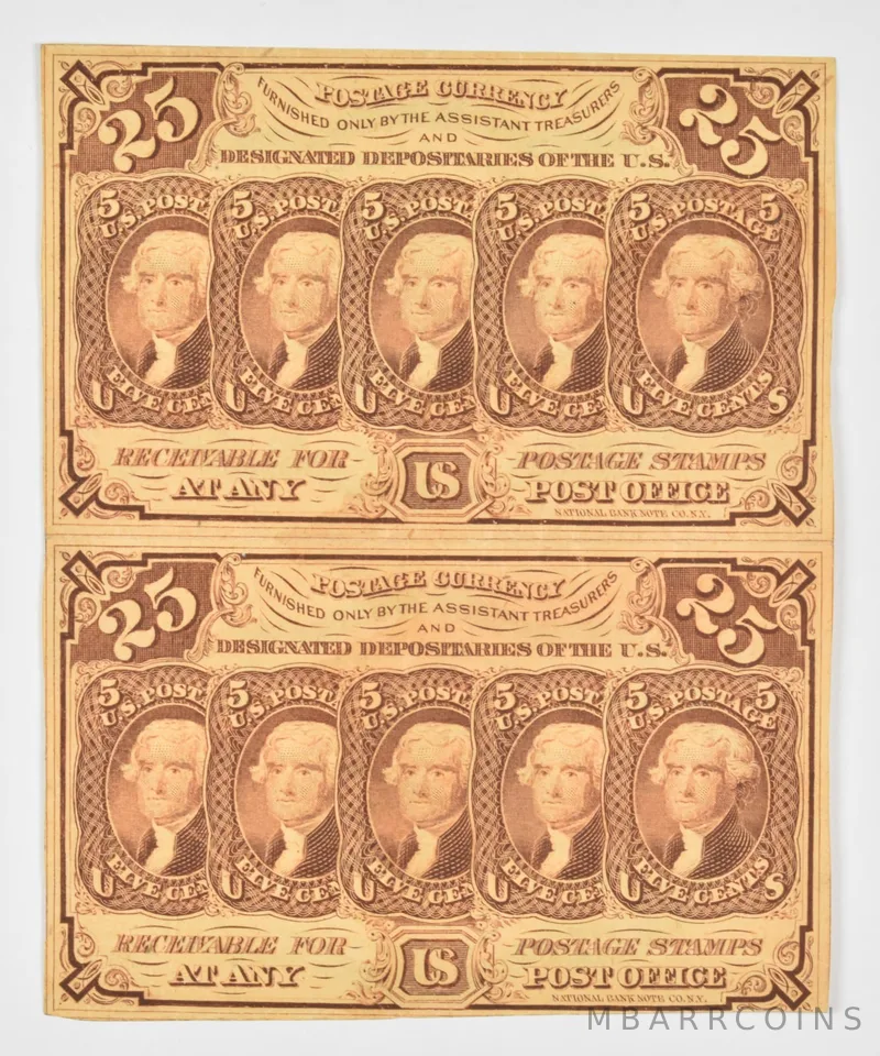 Lot (2) Uncut 25 Cents United States Postage Currency *1485