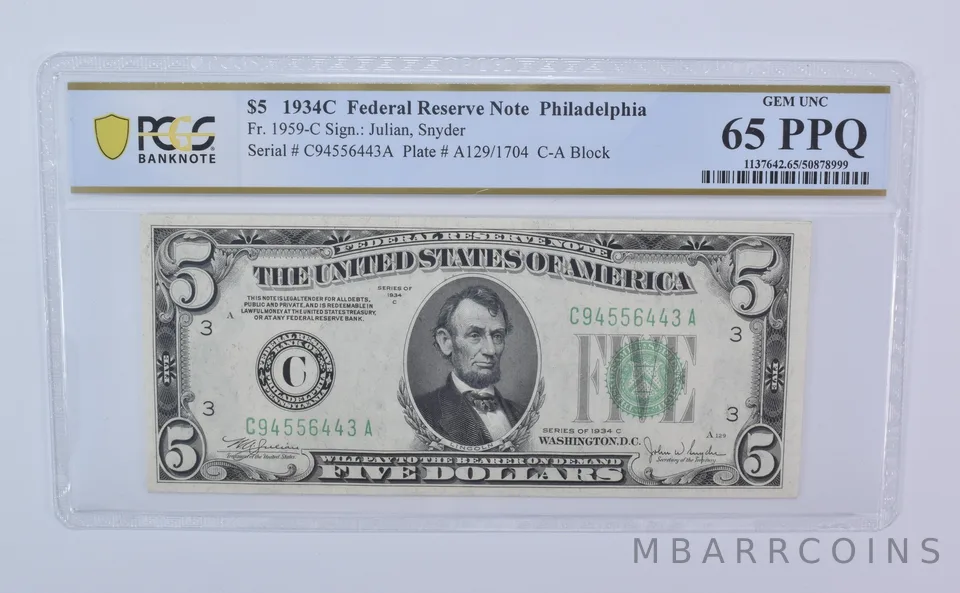 1934 C $5 Philadelphia PA FRN Fr#1959-C Green Seal Gem Unc 65 PPQ PCGS *8104