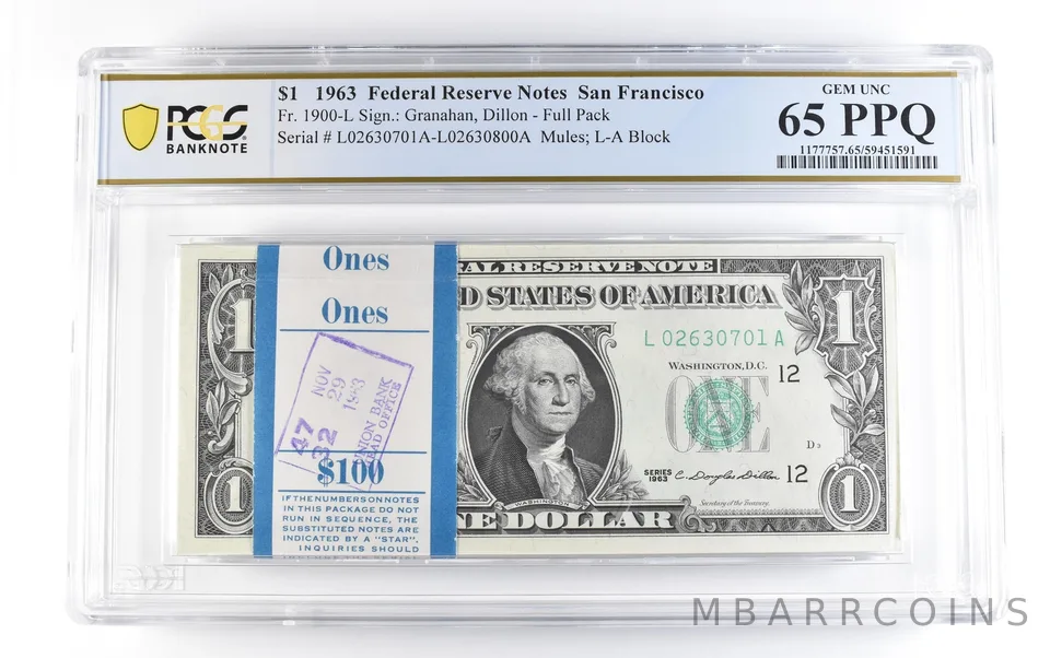 Lot (100) 1963 $1 San Francisco CA FRN Fr#1900-L Full Pack Unc 65 PPQ PCGS *1699