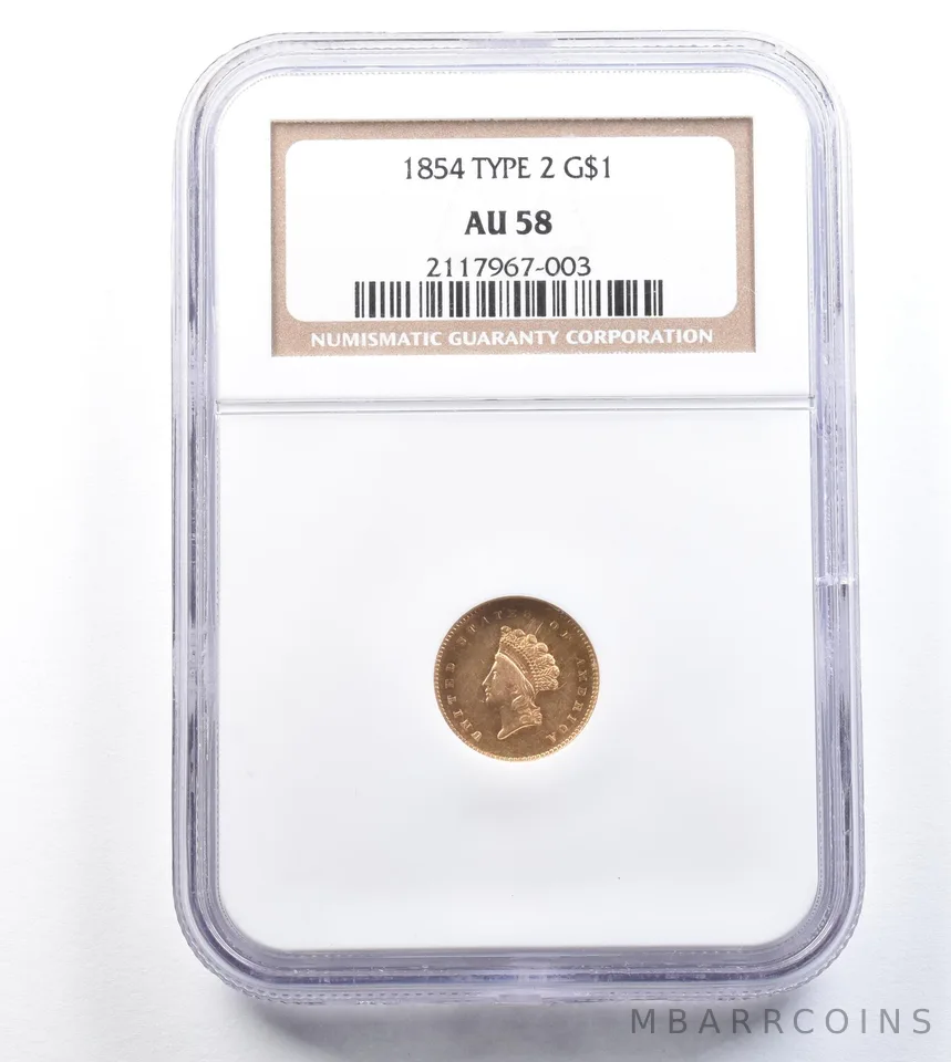 1854 $1 Indian Princess Head Gold Dollar Type 2 AU58 NGC a0788