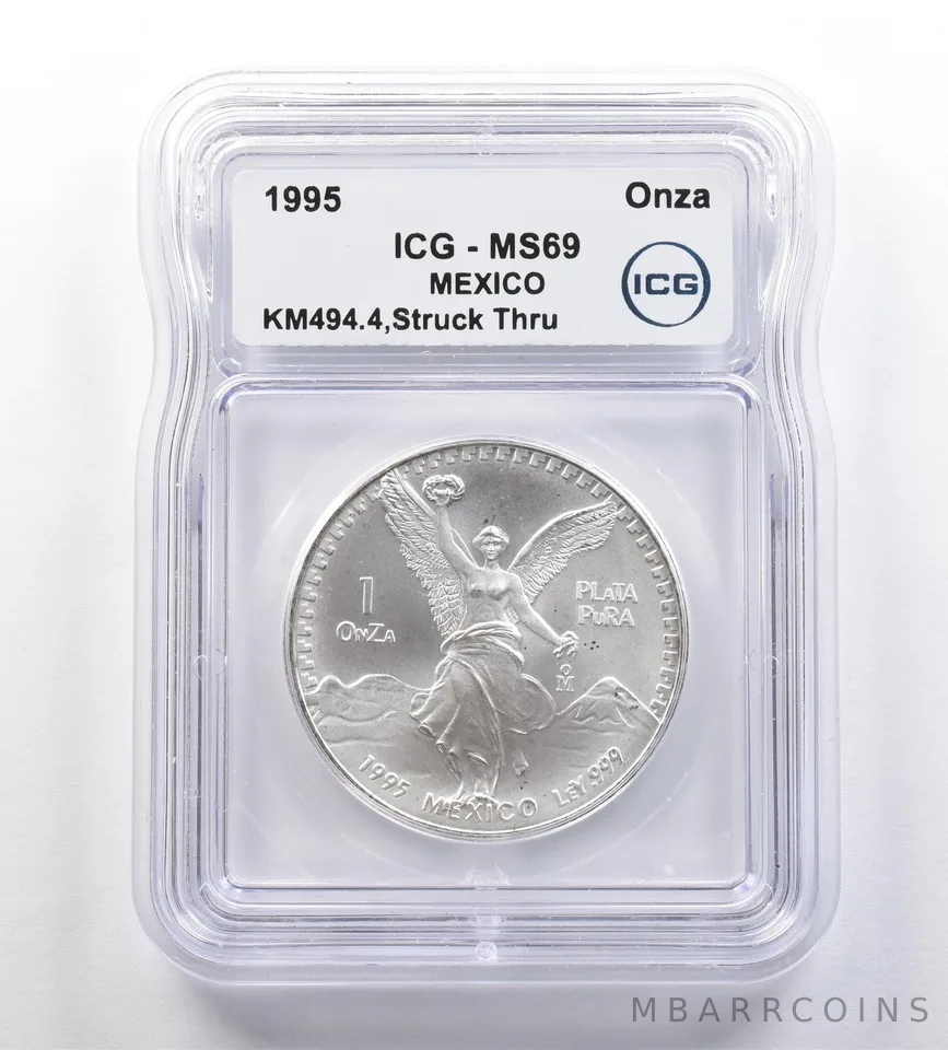 1995 Mo Mexico 1 Onza Silver Libertad Mint Error Struck Thru MS69 ICG *7636