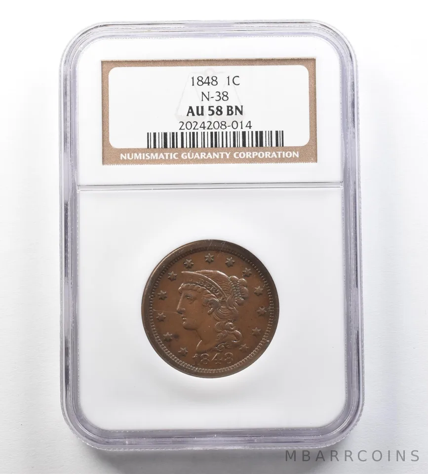 1848 Braided Hair Large Cent N-38 AU58 BN NGC a3449