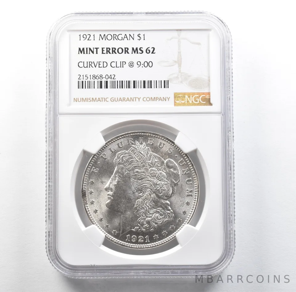 1921 Morgan Silver Dollar Mint Error Curved Clip @ 9:00 MS62 NGC *3183