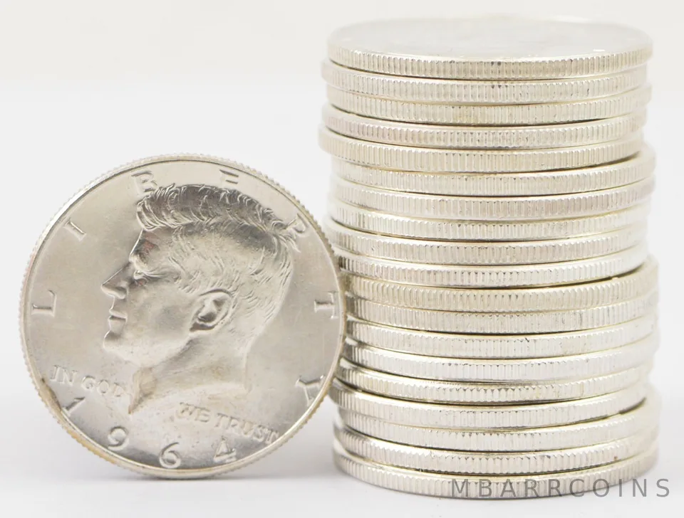 (20) BU Unc 1964 Kennedy Half Dollar Roll 90% Silver Lot $10 Face
