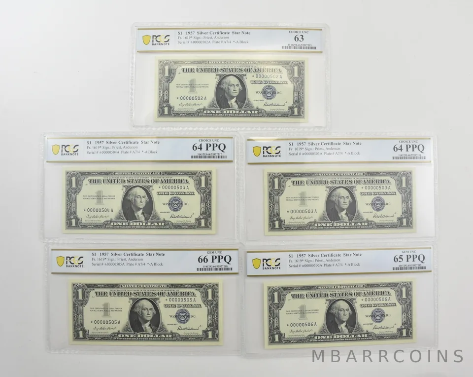 (9) 1957 $1 Silver Certificate Star Fr#1619* PCGS 63-66 Consecutive LOW *9818