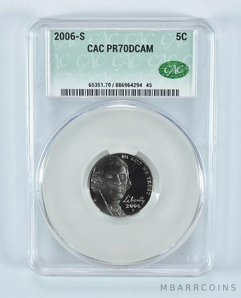 2006-S Jefferson Nickel PR70 DCAM CAC CACg
