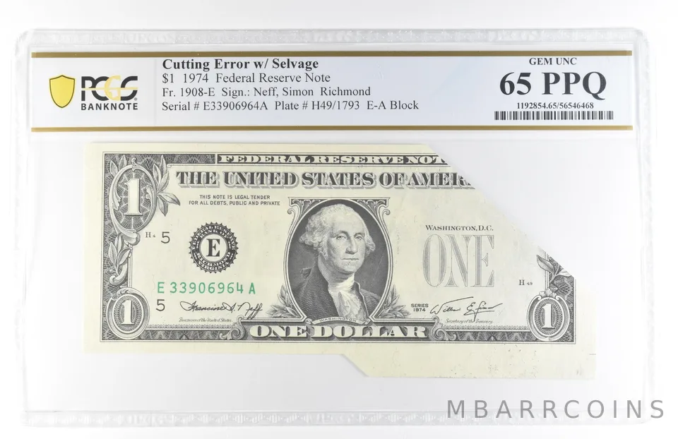 1974 $1 Richmond VA FRN Cutting Error W/ Selvage Fr#1908-E Unc 65 PPQ PCGS *5839