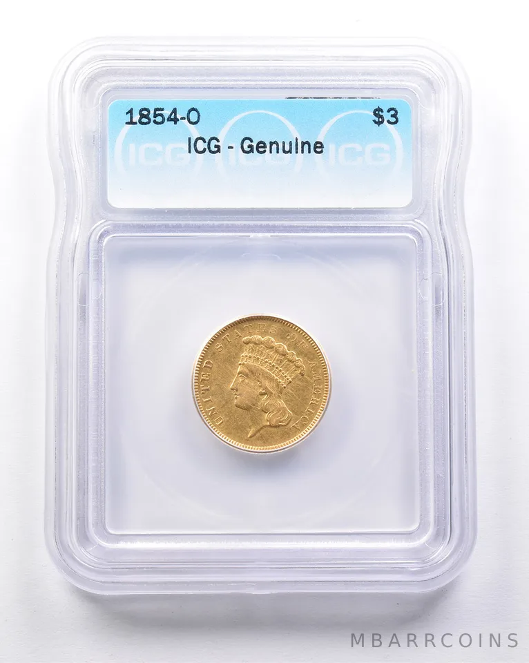 Genuine 1854-O $3 Indian Princess Head Gold Three Dollar Piece ICG *6238