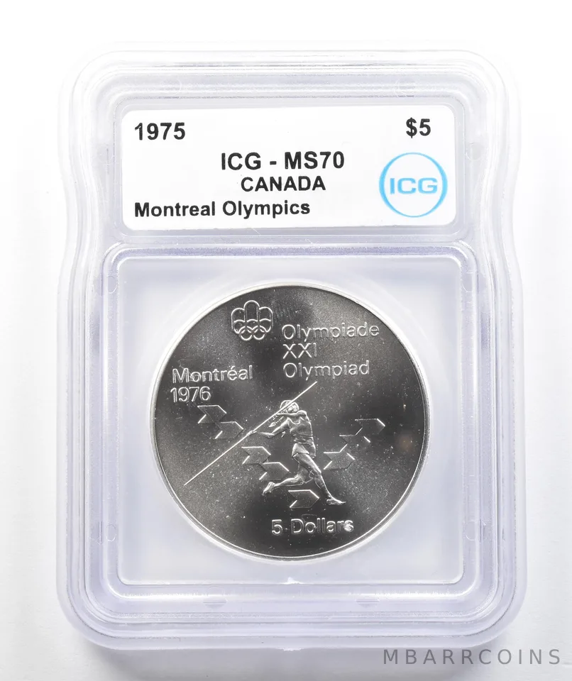 1975 Canada 5 Dollars Silver Montreal Olympics Javelin MS70 ICG *9839
