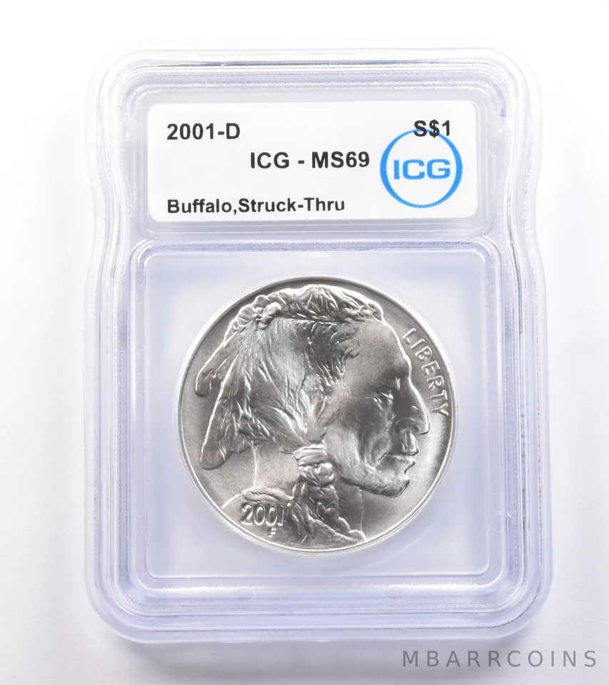ERROR 2001-D Buffalo Commemorative Silver Dollar Struck Thru MS69 ICG a4837