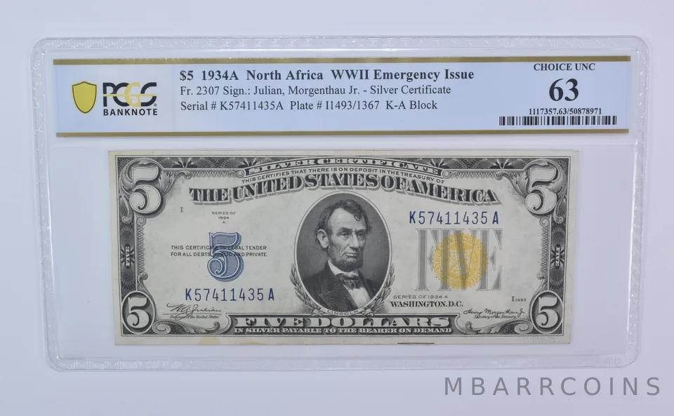 1934 A $5 North Africa WWII Emergency Fr#2307 Unc 63 PCGS *8102